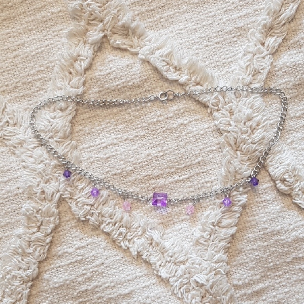 Y2K 2000s Handmade Silver-Tone Pink & Purple Crystal Bead Choker with Clasp
